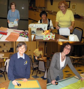 The Rosh Chodesh group making a quilt for the Living Room women's shelter.